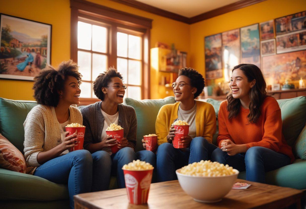 A vibrant scene capturing a group of diverse friends joyfully watching a film together in a cozy living room, with popcorn and drinks scattered around. The walls are adorned with movie posters and soft lighting creates a warm atmosphere. Sunlight streams through the window, highlighting their happy expressions and the feeling of togetherness. The overall tone is uplifting and cheerful, inviting viewers to join in the joy of shared cinematic experiences. super-realistic. bright colors. cozy atmosphere.