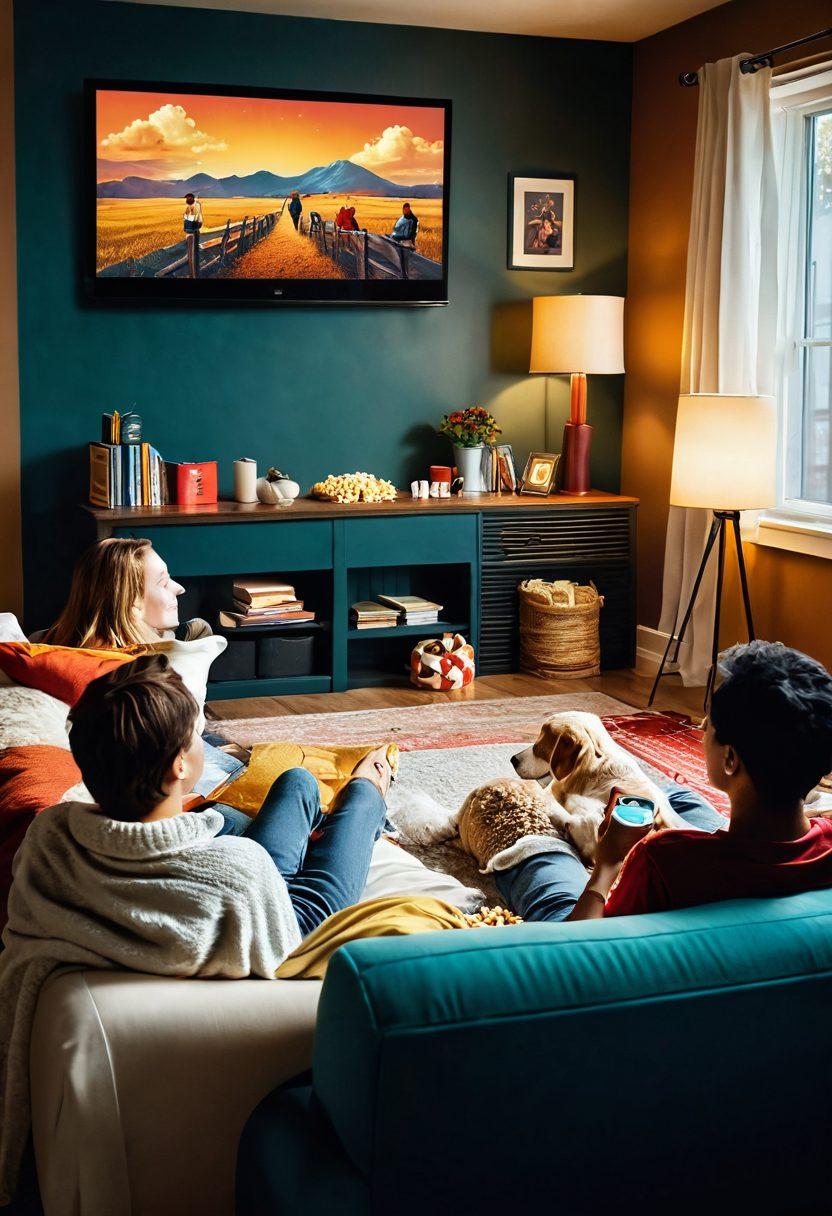 A warm and inviting scene depicting a cozy home theater filled with people of diverse backgrounds joyfully watching a short film. The room is softly lit, with popcorn and snacks on a table, and a glowing projector casting vibrant images on a white screen. Colorful posters of feel-good movies adorn the walls, evoking a sense of nostalgia and happiness. Include a playful dog lounging at the feet of the audience for a touch of warmth. super-realistic. vibrant colors. cozy atmosphere.