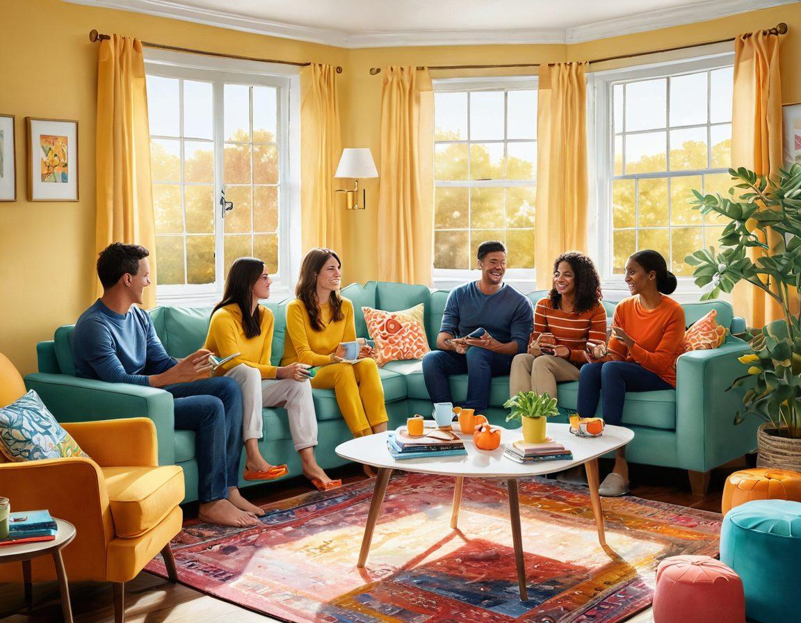 A whimsical illustration of a cozy living room filled with colorful Rezka series products, showcasing families and friends joyfully interacting and creating memories together. Sunlight streams through the window, casting warm glows on happy faces, as laughter echoes in the air. Include playful patterns and vibrant colors on the Rezka items to evoke a sense of cheer and positivity. Painting style, bright and uplifting.